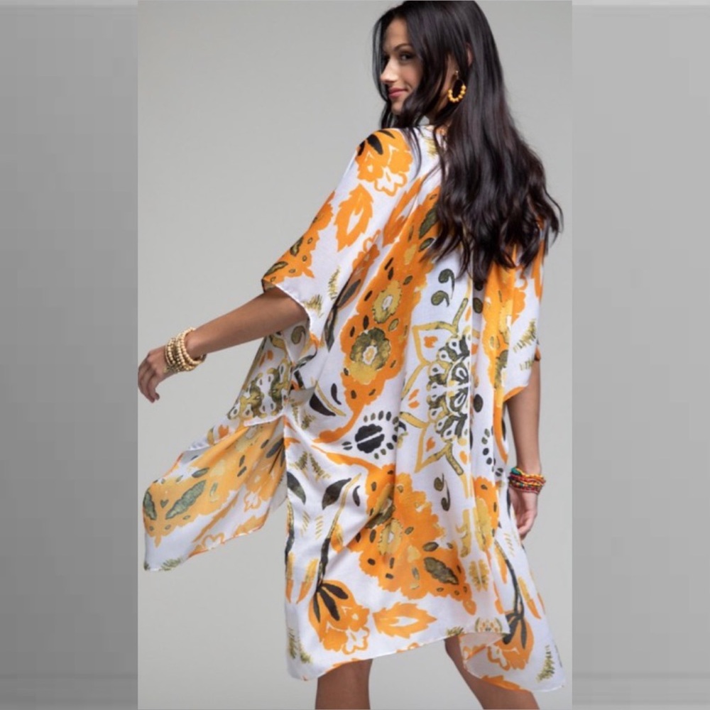 Tangerine Bohemian Design And Floral Print Kimono Duster - Picture 2 of 8